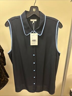 Lafayette 148 New York Navy Sleeveless Button-Front Blouse with Light Blue Trim